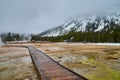 Boardwalks through dangerous Yellowstone pools of green by foggy pine tree mountains covered in snow