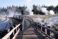 Boardwalks in the geyser basin area near Old Faithful in Yellowstone National Park