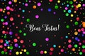 Boas Festas Happy Holidays Portuguese text. Festive vector card with bright colorful confetti on black background Royalty Free Stock Photo