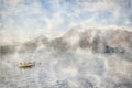 Boat on the alpine lake with snow-capped mountains in the background. Watercolor Illustration.