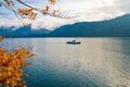 Boat on alpine lake Wolfgangsee. Boat sightseeing tour.