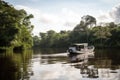 boat on the amazonas river, with tree canopy in the background Royalty Free Stock Photo
