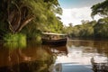 boat on the amazonas river, with tree canopy in the background Royalty Free Stock Photo