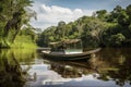 boat on the amazonas river, with tree canopy in the background Royalty Free Stock Photo