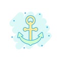 Boat anchor sign icon in comic style. Maritime equipment vector cartoon illustration on white isolated background. Sea security
