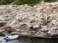 Boat anchor in a small bay in Menorca. Royalty Free Stock Photo