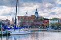 Boat in Annapolis Harbor and the Maryland State House in Annapolis, Maryland