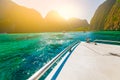 Boat approach Maya bay a beautiful sandy beach with crytal clear