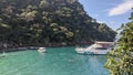 Boat arriving in Boca de Tomatlan, Jalisco, Mexico. Turquoise, calm waters.