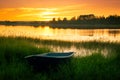 Boat on bank of river at sunset in grass Royalty Free Stock Photo