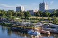 Boat bar on Vistula River in Warsaw  Poland  view with Vistulan Boulevards Royalty Free Stock Photo