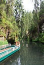 Boat at barrage Obere Schleuse on river Kirnitzsch in Hinterhermsdorf, Saxon Switzerland