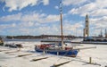 Boat in the Bassin de l`Horloge in Montreal Old Port winter time