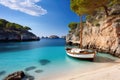 Boat on the beach in Calanques, Costa Brava, Catalonia, Spain, Beautiful beach with sailing boat yacht, Cala Macarelleta, Menorca