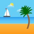 Boat on beach with palm and clouds. Vector illustration