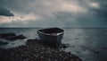 boat on the beach A scary paper boat sinking on a black sea with storms, rocks, Royalty Free Stock Photo