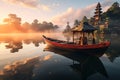 Boat on Beratan Lake with Hindu Temple Landscape in Bali as a Holiday Destination at Sunset