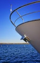 Boat Bow From Sailboat In Blue Water With Anchor Chain And Winch Detail