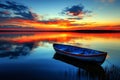 Boat on calm water during sunset with colorful sky reflections Royalty Free Stock Photo