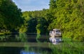 Boat on Canal du Midi, travel by barge and vacation in France Royalty Free Stock Photo