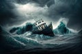 A Boat Capsized In The Ocean In A Storm. Generative AI