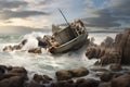 boat capsizing near rocky coastline