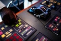 Boat captain hands navigating and moving instruments in the cockpit Royalty Free Stock Photo