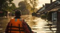 Boat captain navigating through a flooded residential area at sunset Royalty Free Stock Photo