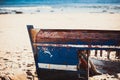 Boat carcass with Blue Paints on the Sandy Beach of Bolonia Spain with Ocean View Royalty Free Stock Photo