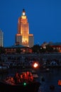 Lighting the Waterfire bonfires of Providence Rhode Island Royalty Free Stock Photo