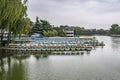 Boat and catamaran rental station in park. Water walk on lake and river Royalty Free Stock Photo