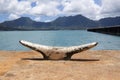 Boat cleat with mountain background Royalty Free Stock Photo