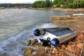 Boat crashed on the sea shore after strong storm Royalty Free Stock Photo