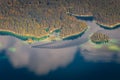 boat crossing Eibsee in Bavaria at the German Alps from above, Germany Royalty Free Stock Photo