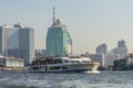 Boat cruise restaurant on the Chao Phraya river cruising tour. The tourist cruise boat take visitors for sightseeing tour in Bangk