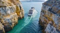 A boat cruises through a stunning ocean canyon surrounded by natural landscapes