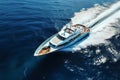 boat cruising anchoring in high speed open blue sea Drone view Royalty Free Stock Photo