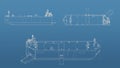 Boat 3d blueprint mesh model on a blue background. Front view orthographic and perspective free style render, 3d rendering