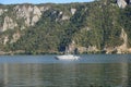 Boat on the Danube river near Cazanele Mari. Royalty Free Stock Photo