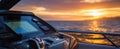 The boat dashboard illuminated by a stunning sunset over the ocean..AI generated image Royalty Free Stock Photo
