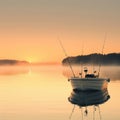 Boat at dawn, fishing rods in holders, calm water, capturing peaceful prep with a soft, golden glow