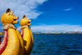 Boat decoration, Close-up, traditional reed boat as transportation for tourists, floating Uros islands on lake Titicaca