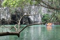 The boat departs in the tour to the underground river in the village of Sabang on Palawan island Philippines