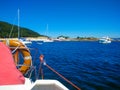 Boat diving in front of a beach of Cies Islands, in Galicia, Spa Royalty Free Stock Photo