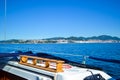 Boat diving in front of a beach of Cies Islands, in Galicia, Spa Royalty Free Stock Photo