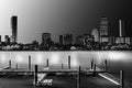 Boat dock on Charles river with Boston buildings in the background