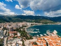 Boat dock and yacht port in Budva, Montenegro. Aerial photo from the drone. Royalty Free Stock Photo