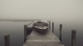 a boat is docked on a foggy lake pier with a boat in the water on a foggy day with no one in sight Royalty Free Stock Photo