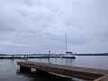 Boat docked on Lake Washington on an overcast day Royalty Free Stock Photo