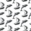 Boat and dolphin seamless monochrome pattern. Simple marine background.